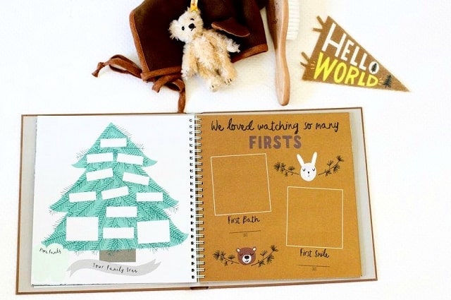 18 Sweet Baby Memory Books to Add to Your Registry, an open baby memory book under keepsakes such as a stuffed animal, a baby brush, and a hello world flag. 